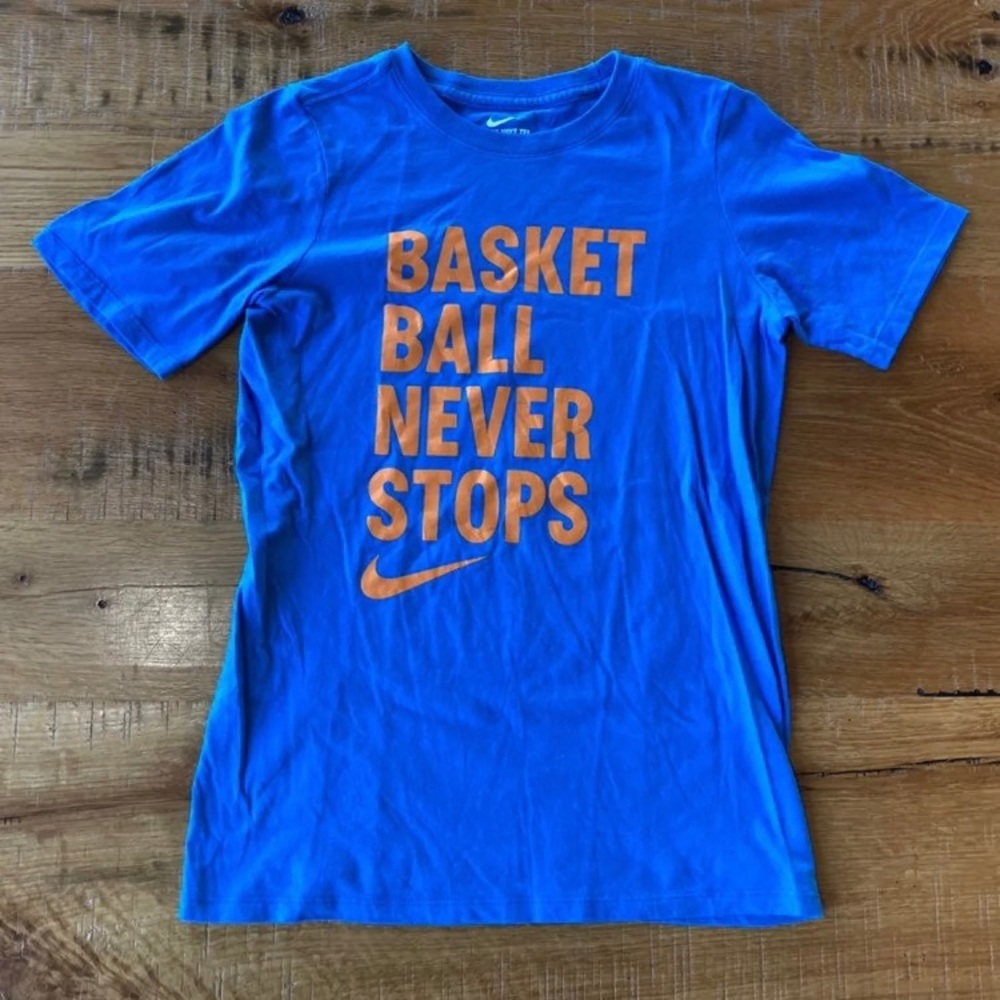 Kids Nike blue orange Basketball never stops shirt